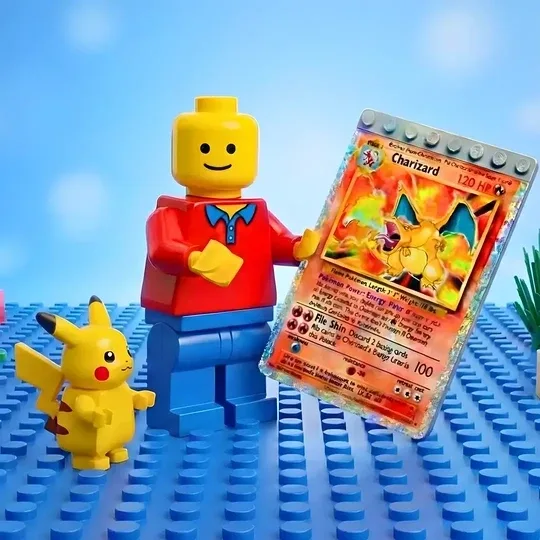 Figurine LEGO tenant une carte Pokémon Charizard rare : investir dans les objets de collection, la formation LEGO et Pokémon de Jérémie Brygo