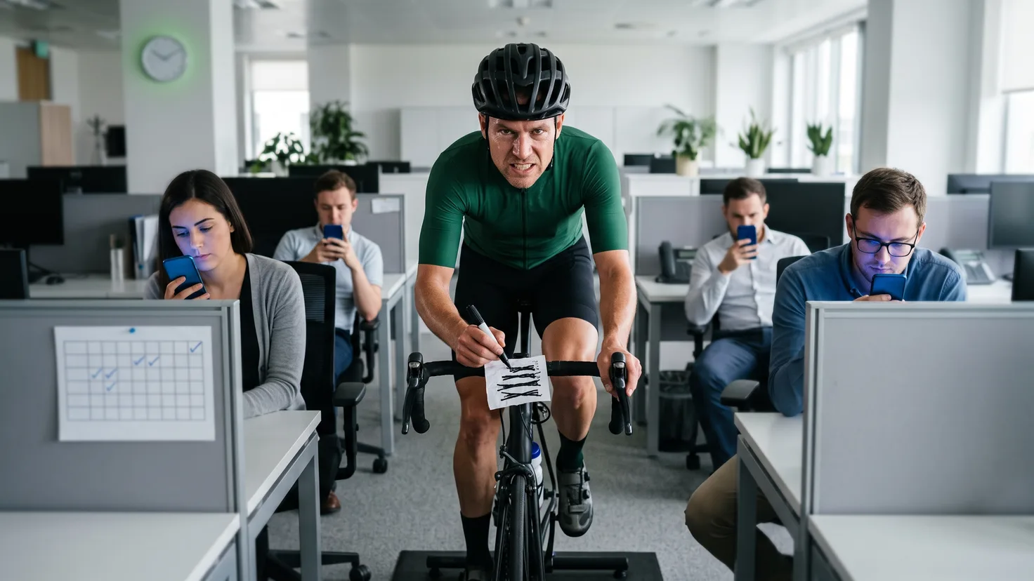 Habitudes pour changer de vie : un homme en tenue de cycliste, casque vissé, pédale sur un vélo d’appartement posé au milieu d’un open space, une to-do liste rayée scotchée au guidon, pendant que ses collègues fixent leurs téléphones