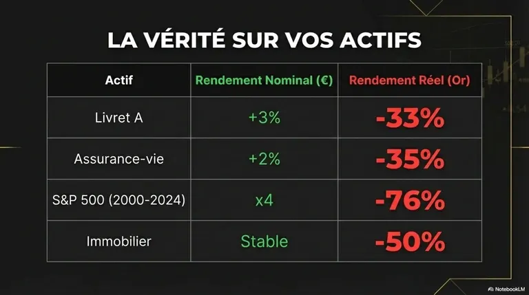 Tableau comparatif des placements mesurés en or vs en euros
