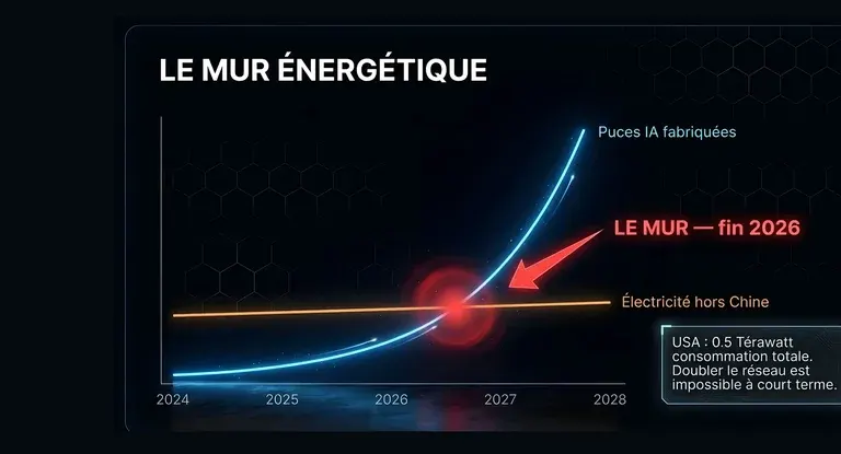 Graphique du mur énergétique de l'IA : courbe consommation énergie intelligence artificielle (puces) contre production d'électricité, croisement fin 2026