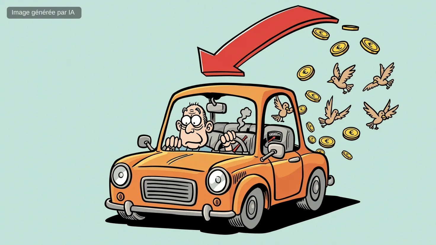 Compteur kilométrique d'une voiture affichant un kilométrage élevé, illustration humoristique