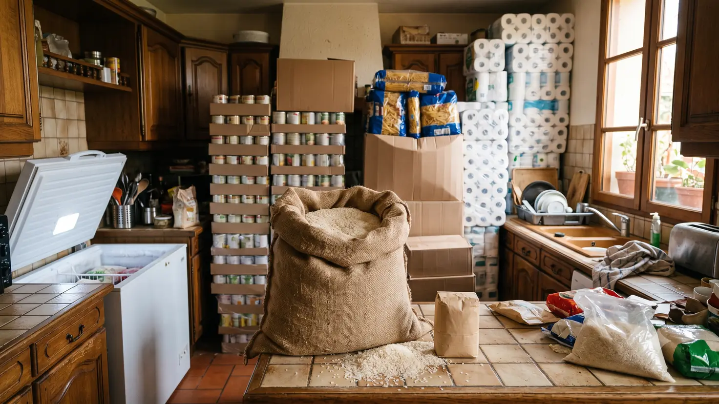 Cuisine familiale envahie par les achats en gros : sac de riz de 25 kg ouvert, tours de conserves, packs de papier toilette et congélateur coffre ouvert