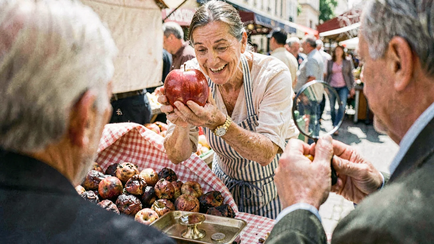 Actions à dividendes PEA : une vendeuse de marché brandit une pomme géante et parfaite devant un étal de fruits pourris, un client examine une petite pomme à la loupe