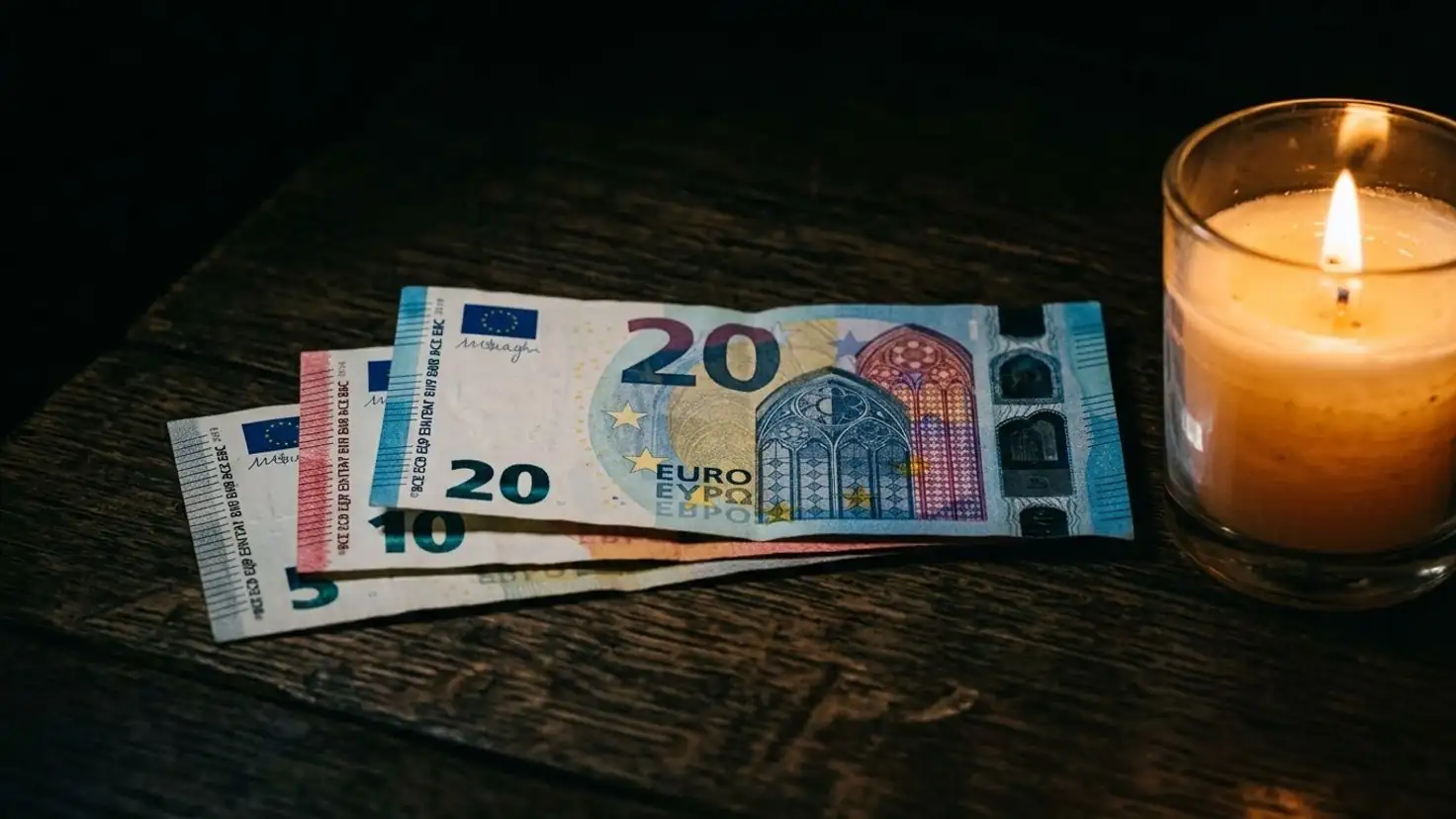 Argent liquide d'urgence : trois billets en euros, dont un billet de vingt euros, posés sur une table en bois sombre et éclairés par la flamme d'une bougie