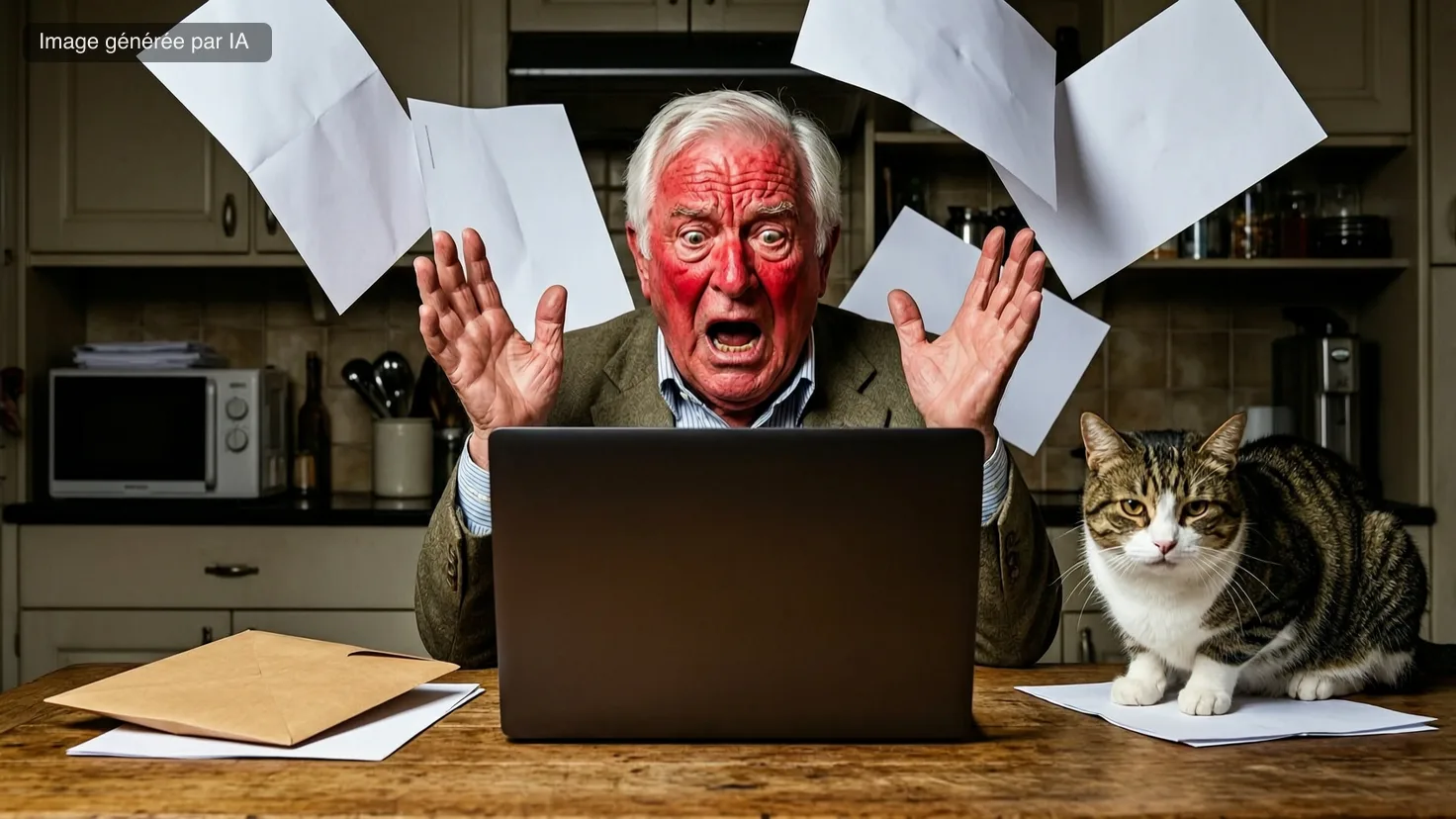 Arnaque mail gendarmerie : un retraité en panique les mains levées devant un laptop fermé, papiers en l'air, chat indifférent