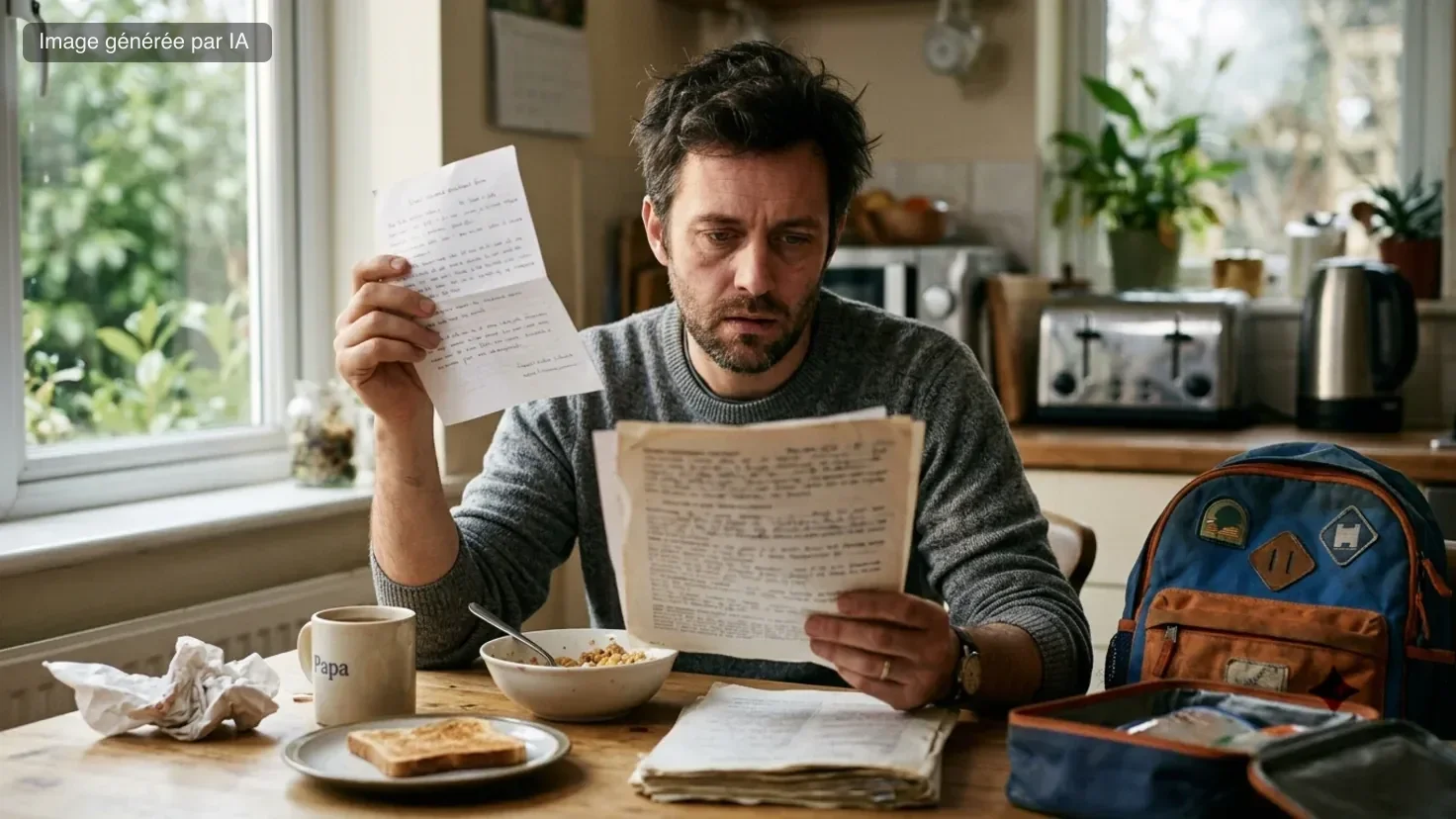 Un parent tient un bulletin d'assurance scolaire d'une main et son contrat d'assurance habitation ouvert de l'autre, à la table de la cuisine