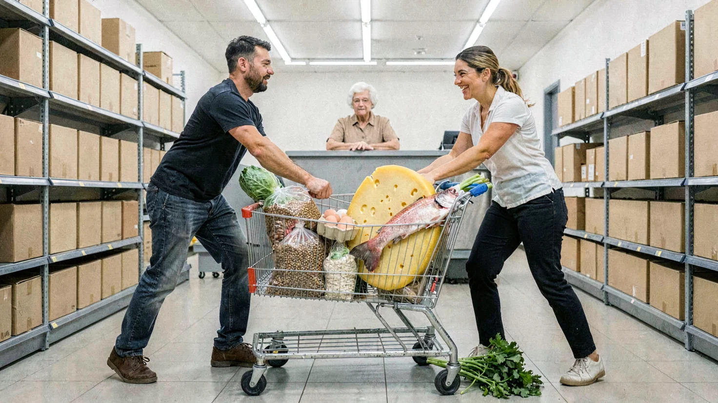 Un couple de trentenaires qui se dispute gentiment un seul caddie coupé en deux à la caisse d'un supermarché, moitié lentilles et œufs, moitié saumon et fromage géant, illustration du budget alimentaire pour 2 personnes par mois