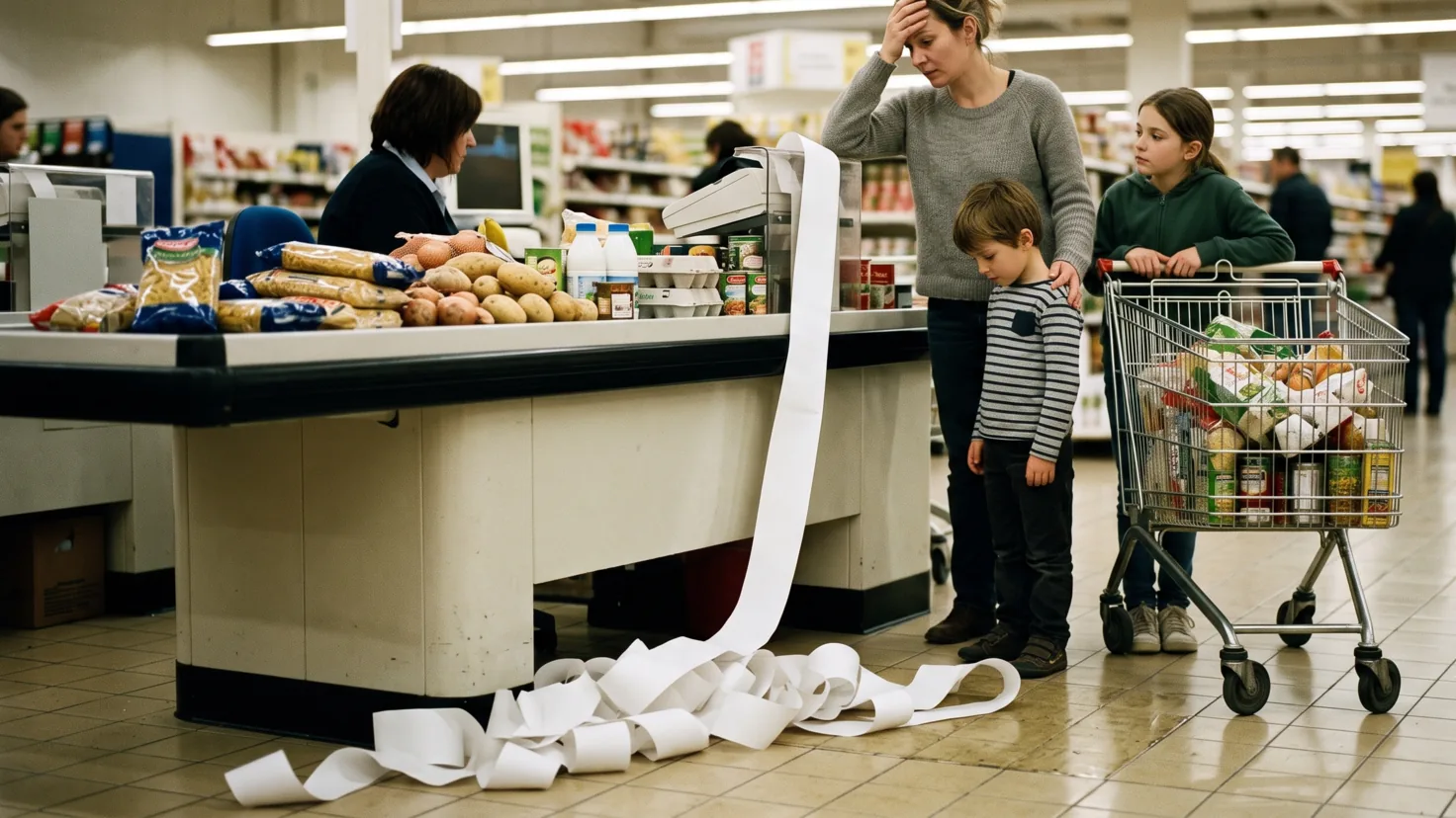 Une mère et ses deux enfants à la caisse d'un supermarché, le ticket de caisse se déroulant jusqu'au sol, illustration du budget alimentaire d'une famille de 4 personnes