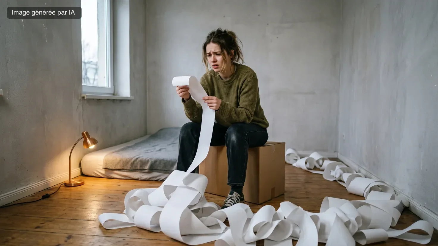 Budget d'un logement étudiant : une étudiante assise sur un carton dans un studio vide lit un ticket de caisse qui se déroule sur tout le plancher