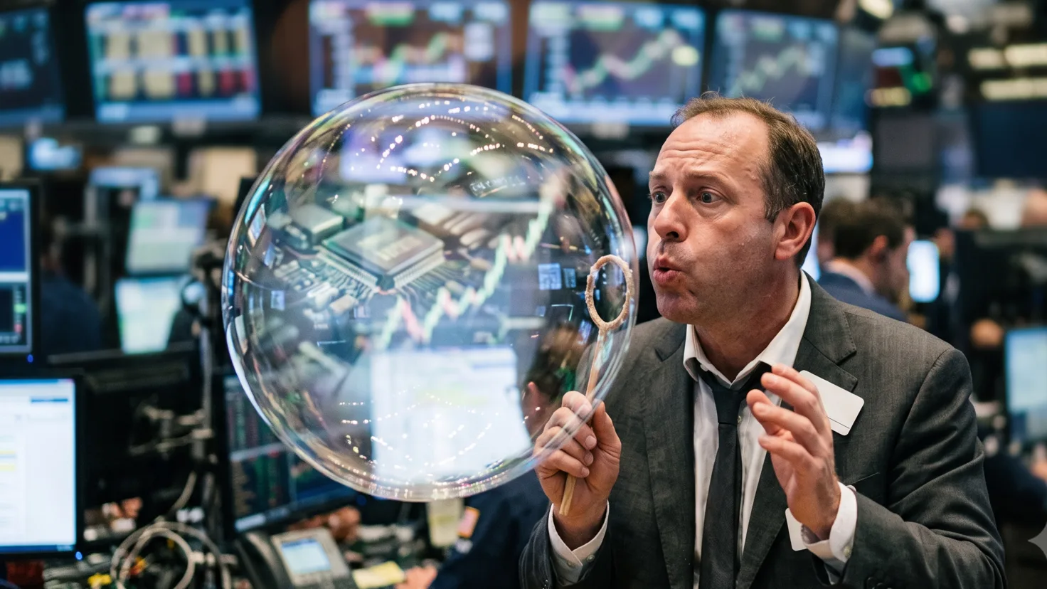 Trader soufflant une bulle de savon contenant des puces électroniques et des courbes boursières, illustration de la bulle IA en bourse