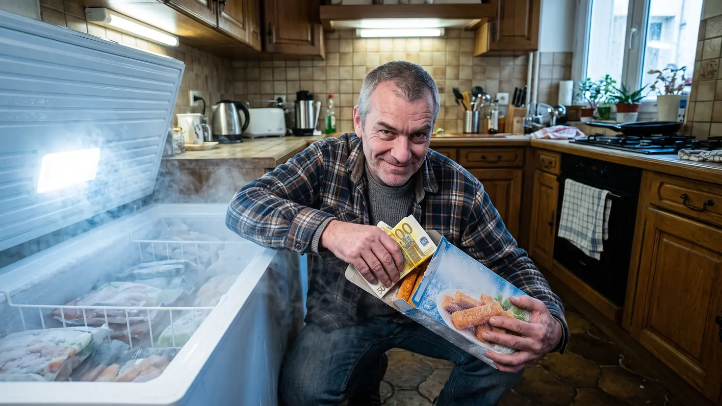 Un homme accroupi devant un congélateur ouvert glisse une liasse de billets dans une boîte de bâtonnets de poisson surgelés, l'air très fier de sa ruse