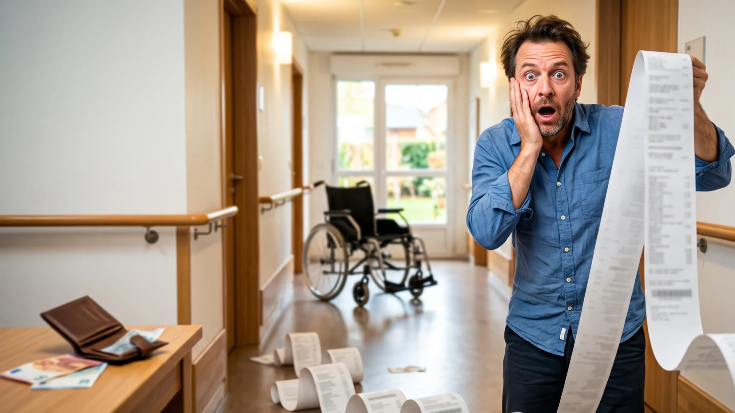 Un homme stupéfait déroule une facture de maison de retraite interminable dans le couloir d'un EHPAD, un fauteuil roulant vide en arrière-plan