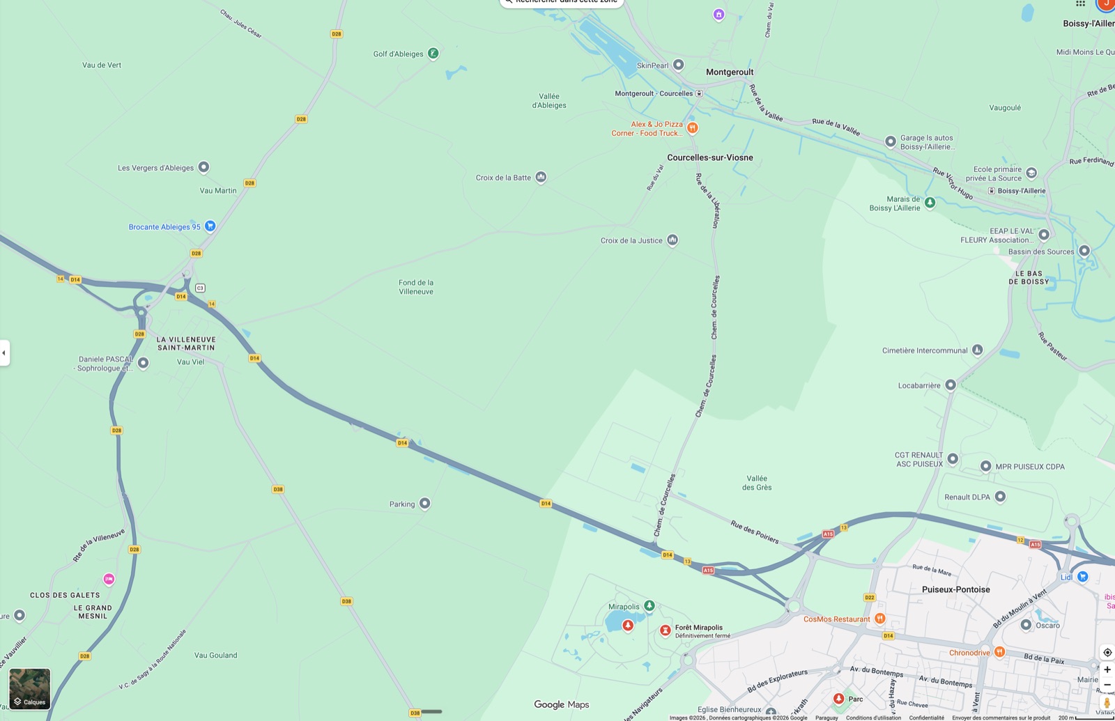 Carte des alentours du futur parc Dragon Ball : le plateau agricole séparant l'ancien site de Mirapolis, au sud, des villages du Vexin français au nord, avec l'échangeur de l'autoroute A15 à Puiseux-Pontoise