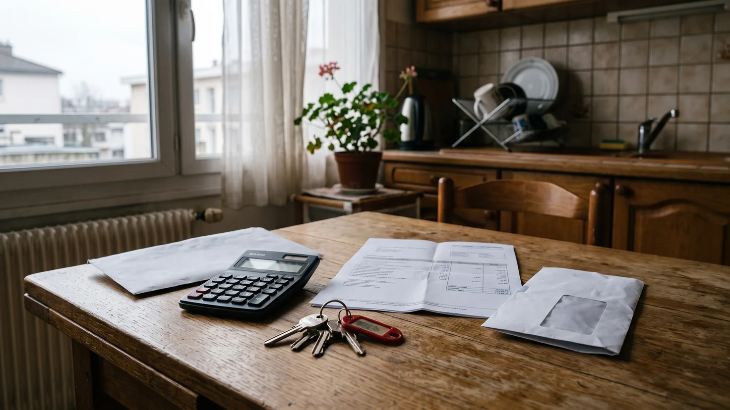 Table de cuisine, clés et papiers : le cash-flow locatif se calcule ici, sans texte lisible