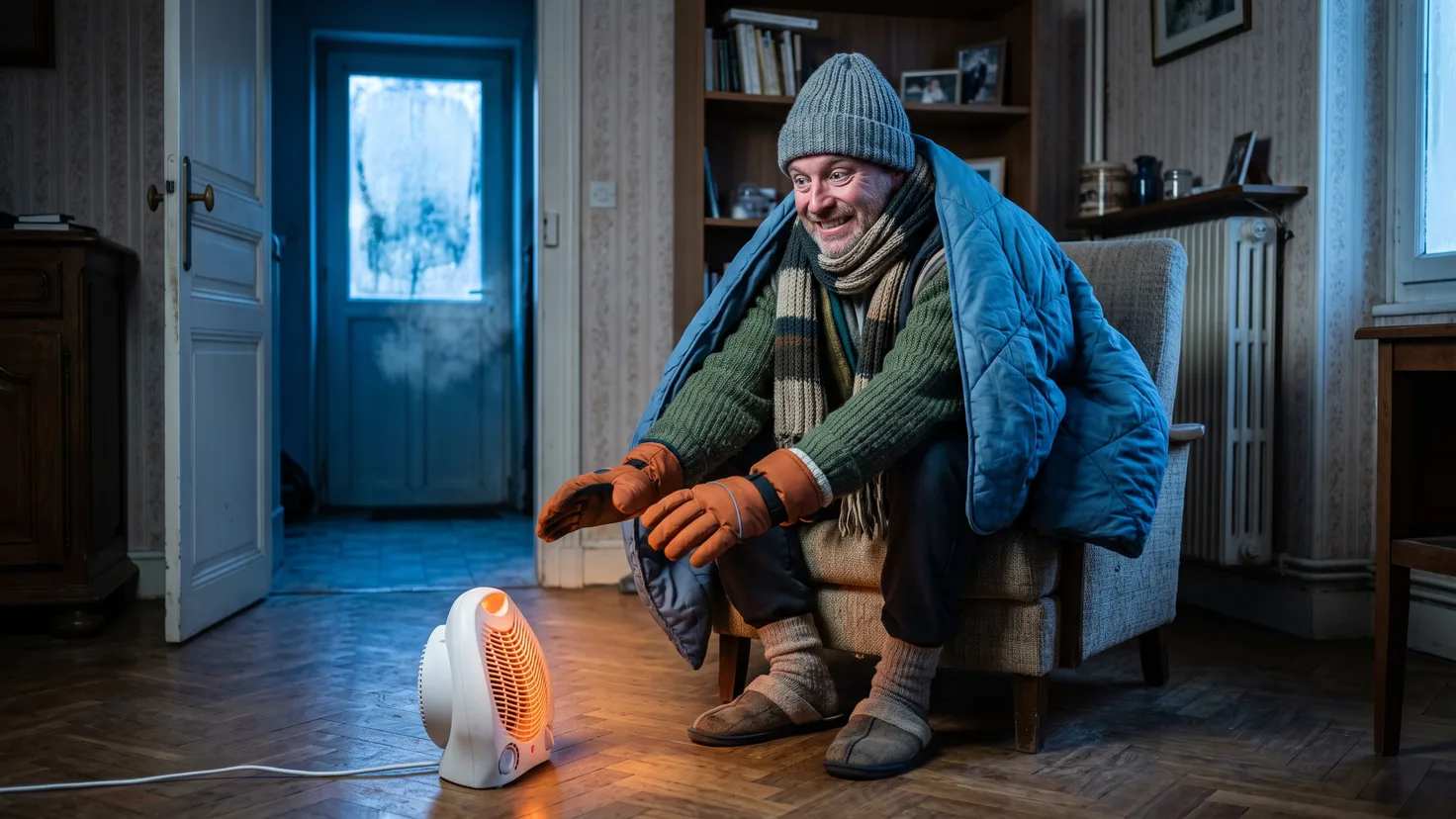 Un homme emmitouflé sous une couette, bonnet et gants de ski, tend les mains vers un minuscule radiateur d'appoint dans un salon glacé