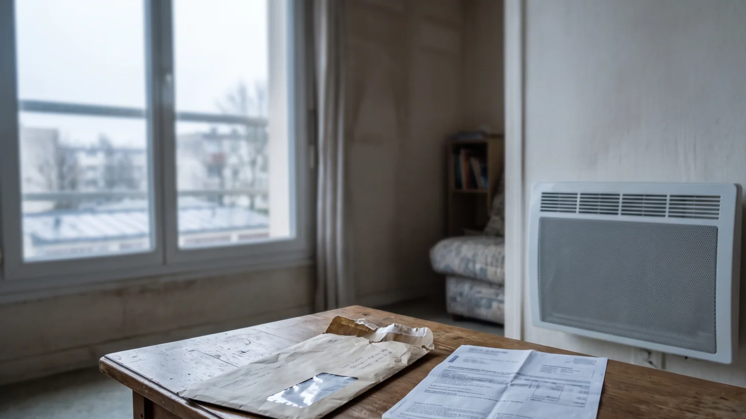 Un radiateur électrique et une facture d'énergie posée sur une table, illustrant le montant du chèque énergie 2026 face au coût réel du chauffage