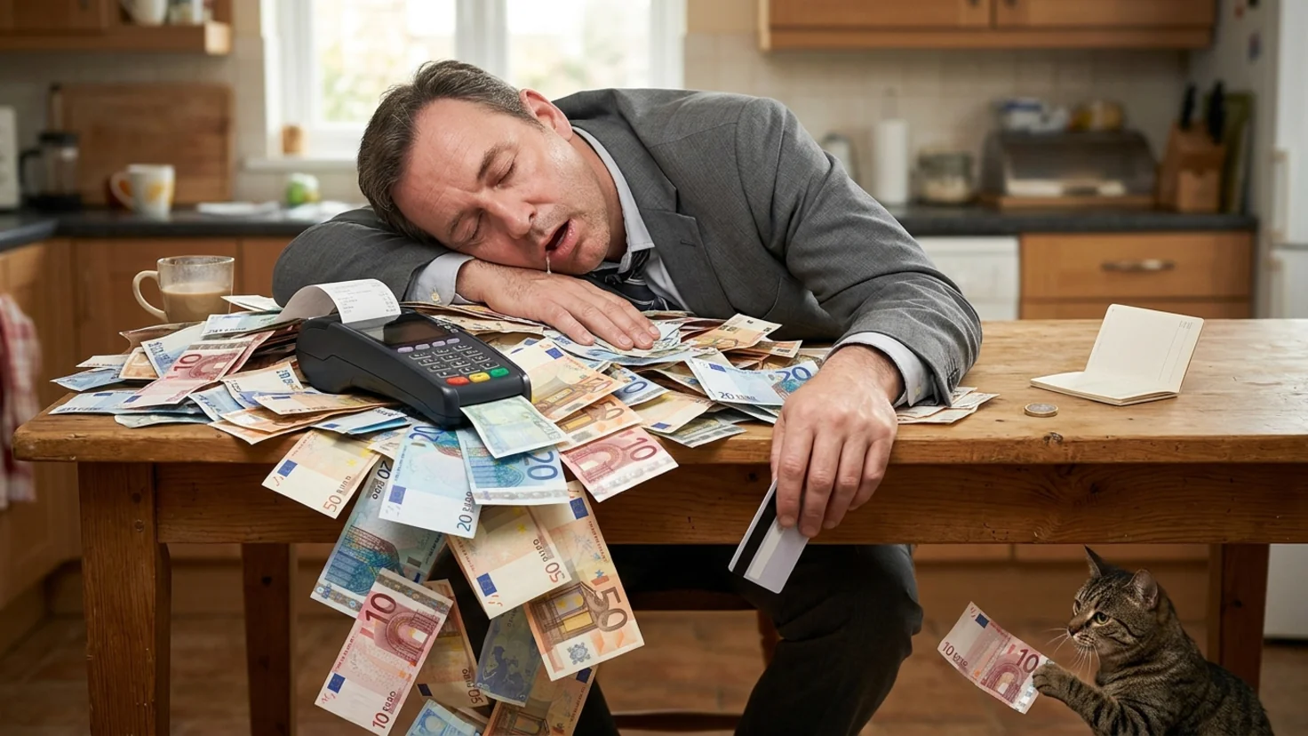 Combien d'argent laisser sur son compte courant : un homme endormi sur une pile de billets qui déborde d'un terminal de carte bancaire, pendant qu'un petit livret d'épargne vide attend à côté