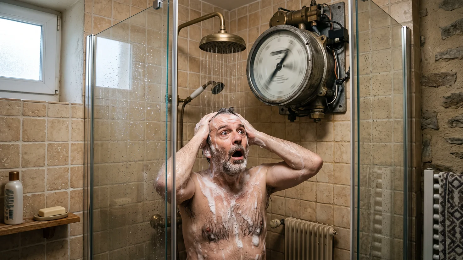 Combien de litres pour une douche : un homme sous la douche découvre un compteur d'énergie surdimensionné à la place du pommeau