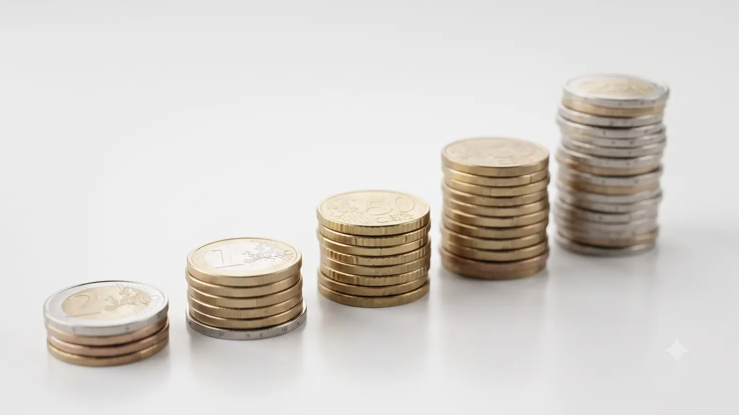 Cinq piles de pièces croissantes sur fond blanc, illustration de comment investir 1000 euros en répartissant sur plusieurs enveloppes