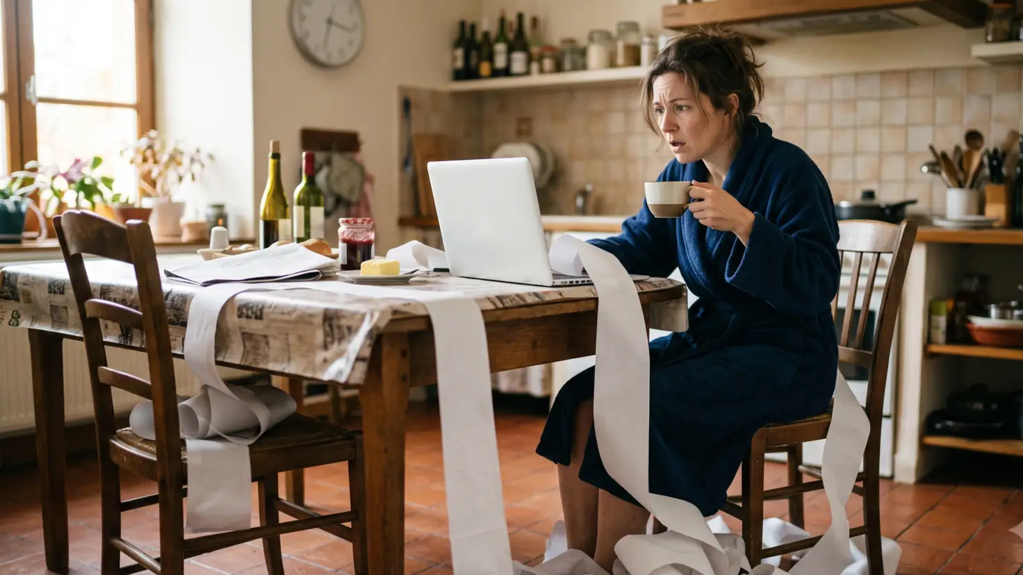 Une femme en peignoir, tasse de café à la main, regarde un rouleau de tickets de caisse sortir de son ordinateur portable et s'empiler sur le sol de sa cuisine