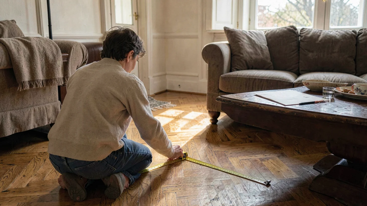 Une personne mesure le parquet de son salon au mètre ruban, un courrier posé sur la table basse