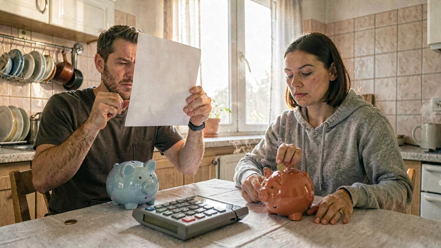 Un couple dans sa cuisine : l'homme examine une feuille de paie devant la fenêtre, la femme glisse une pièce dans une tirelire