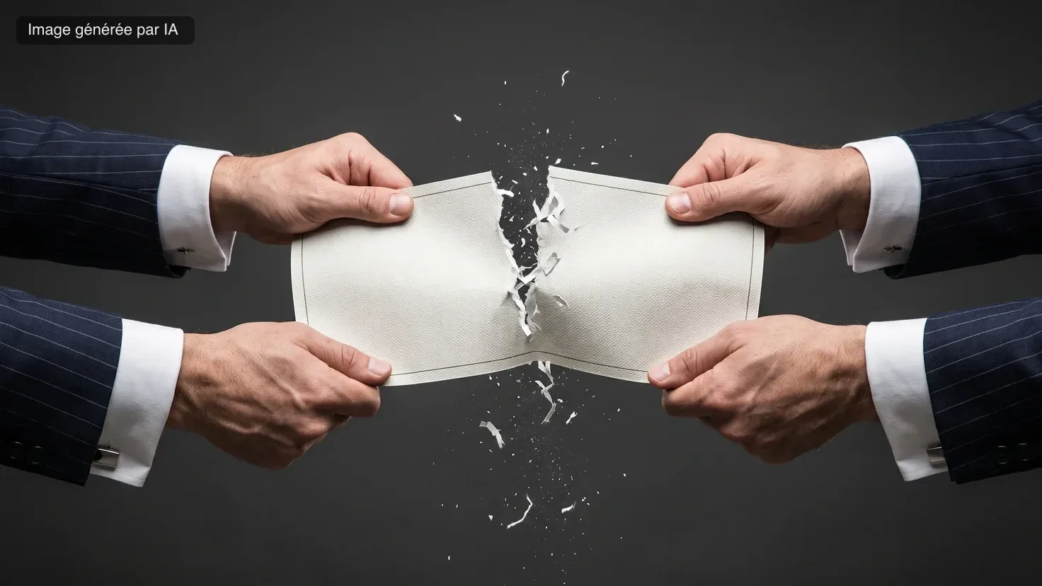 Deux bras en costume rayé tirent chacun sur un billet de banque géant qui se déchire au milieu, des fibres de papier volent, fond de studio contrasté