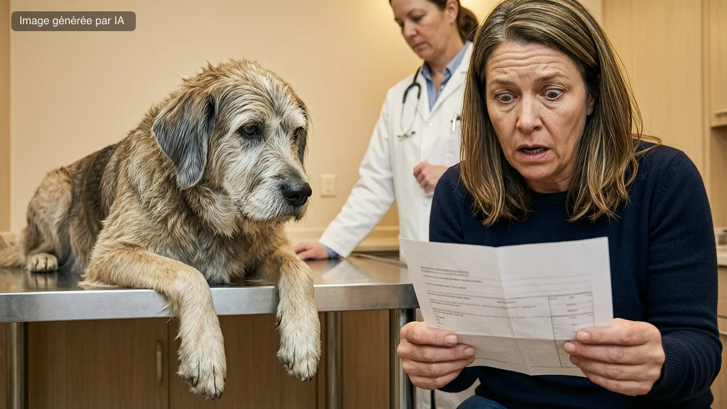 Une femme découvre le montant d'une facture vétérinaire pendant que son vieux chien attend calmement sur la table d'examen