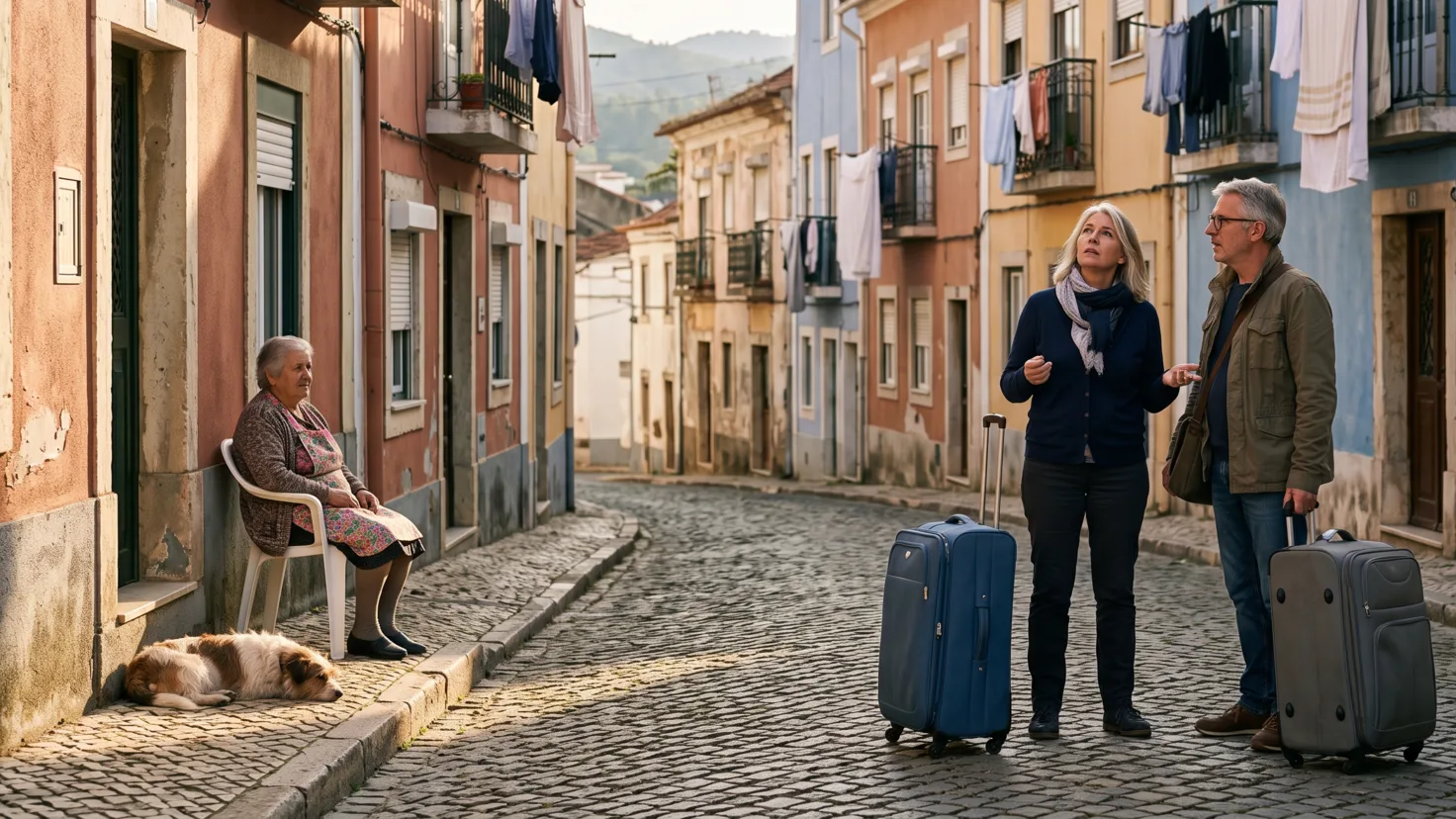 Coût de la vie au Portugal : rue résidentielle d’une petite ville de l’intérieur en fin de journée, un couple de Français avec ses valises, une habitante assise devant sa porte