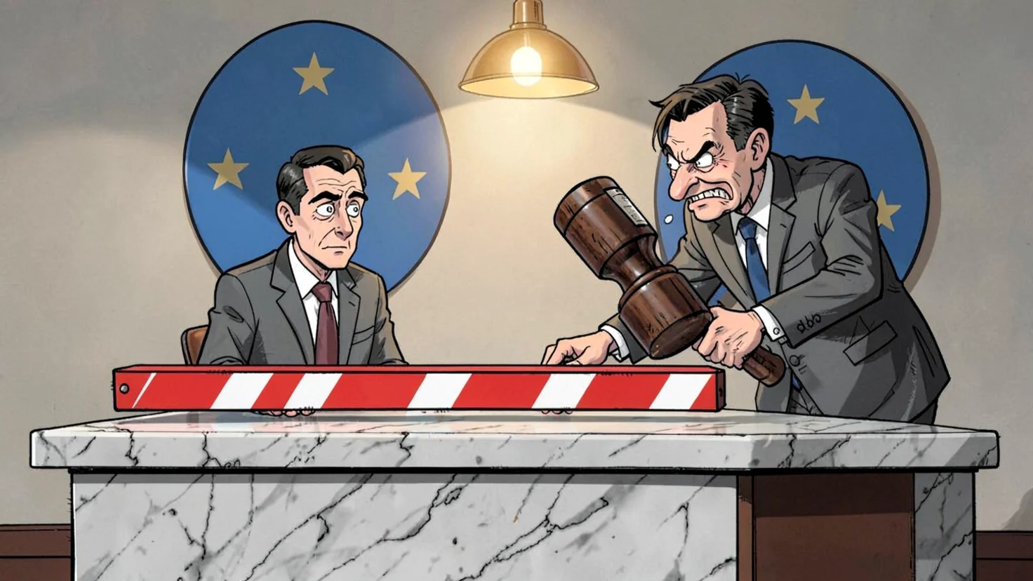 Comptoir de banque bloqué par une barrière rouge et blanche, un tampon administratif démesuré, étoiles européennes en fond, illustration générée par IA