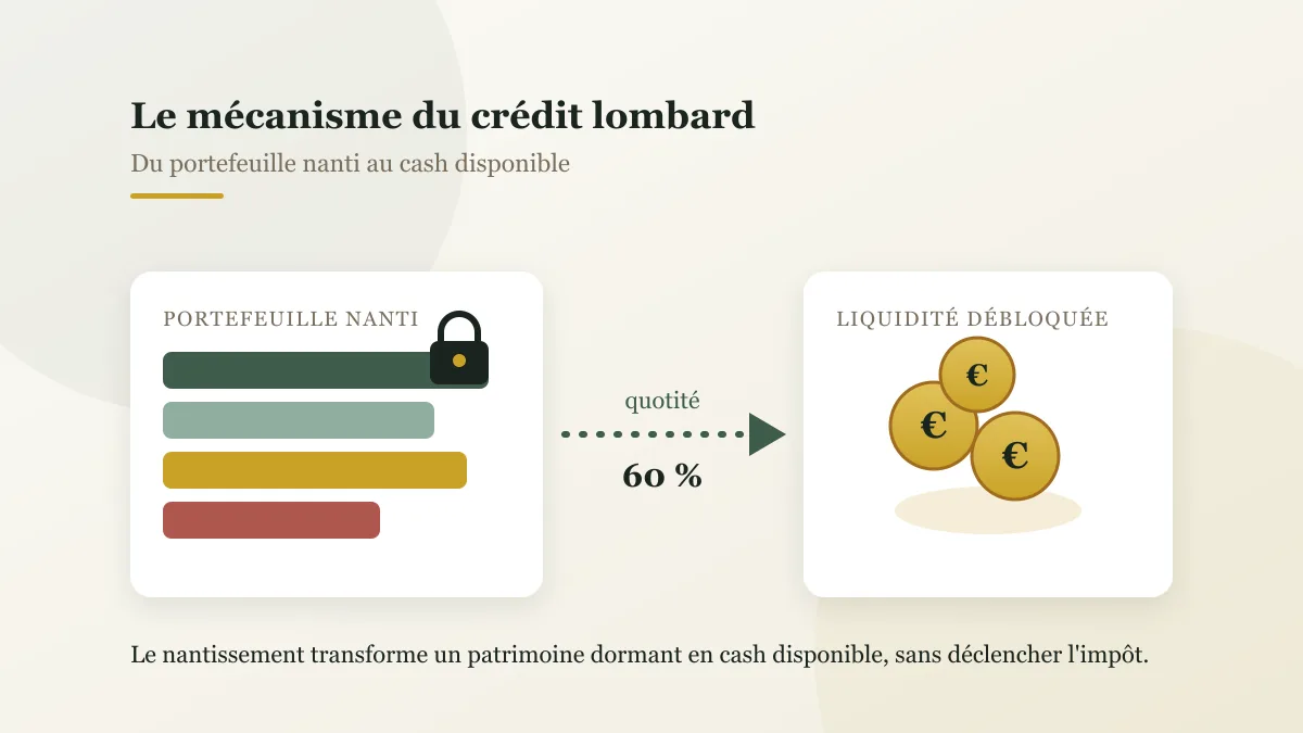 Mécanisme du crédit lombard : un portefeuille nanti débloque une liquidité selon la quotité de financement, sans vente d'actifs