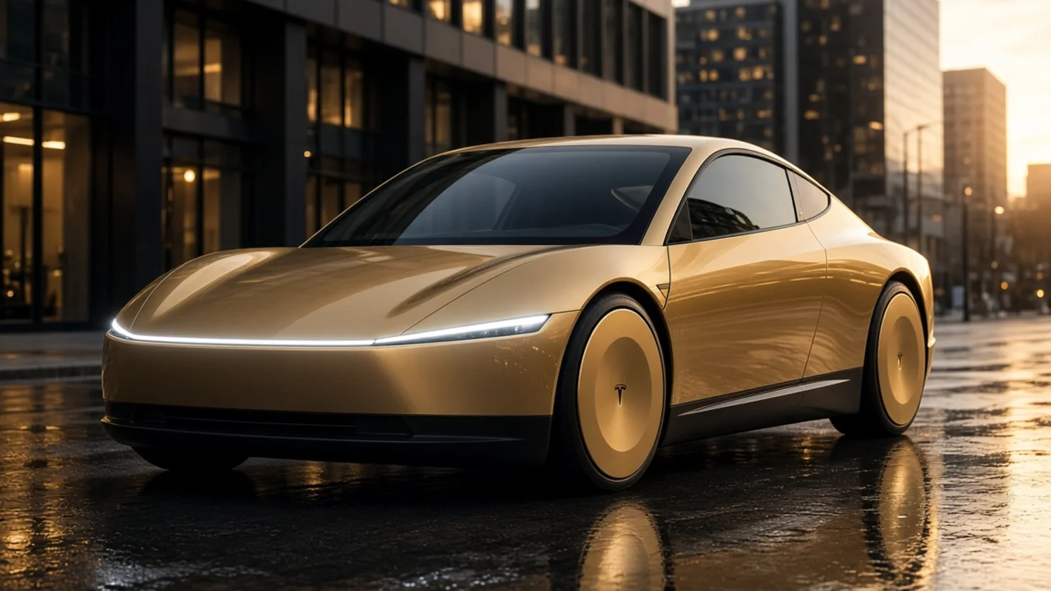 Cybercab Tesla doré à la carrosserie lisse et au bandeau lumineux avant, arrêté sur une chaussée mouillée dans une rue de centre-ville au coucher du soleil