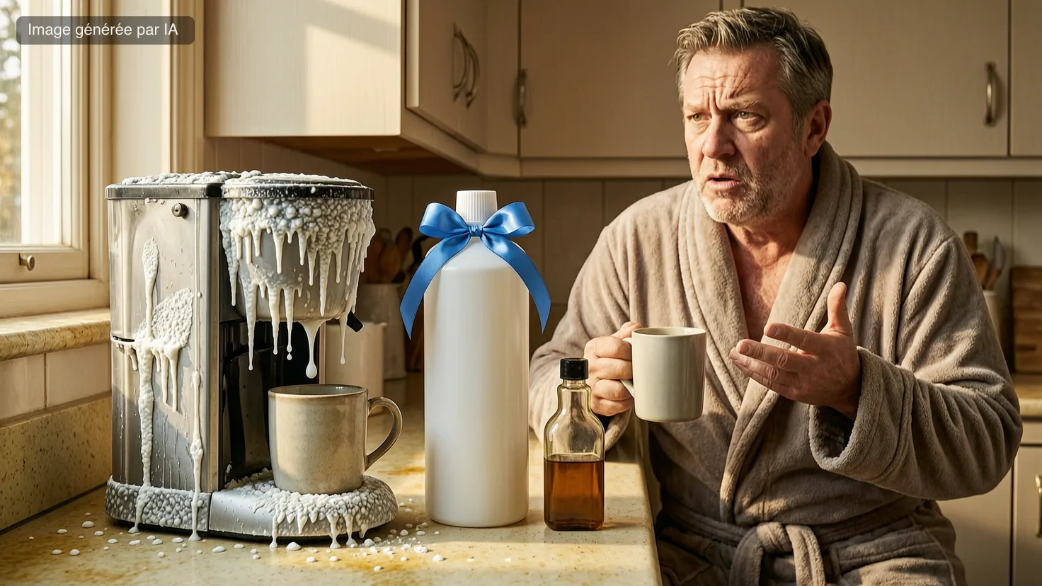 Une cafetière filtre couverte de dépôts blancs, un flacon de détartrant de marque géant avec un ruban à côté d'une petite bouteille de vinaigre