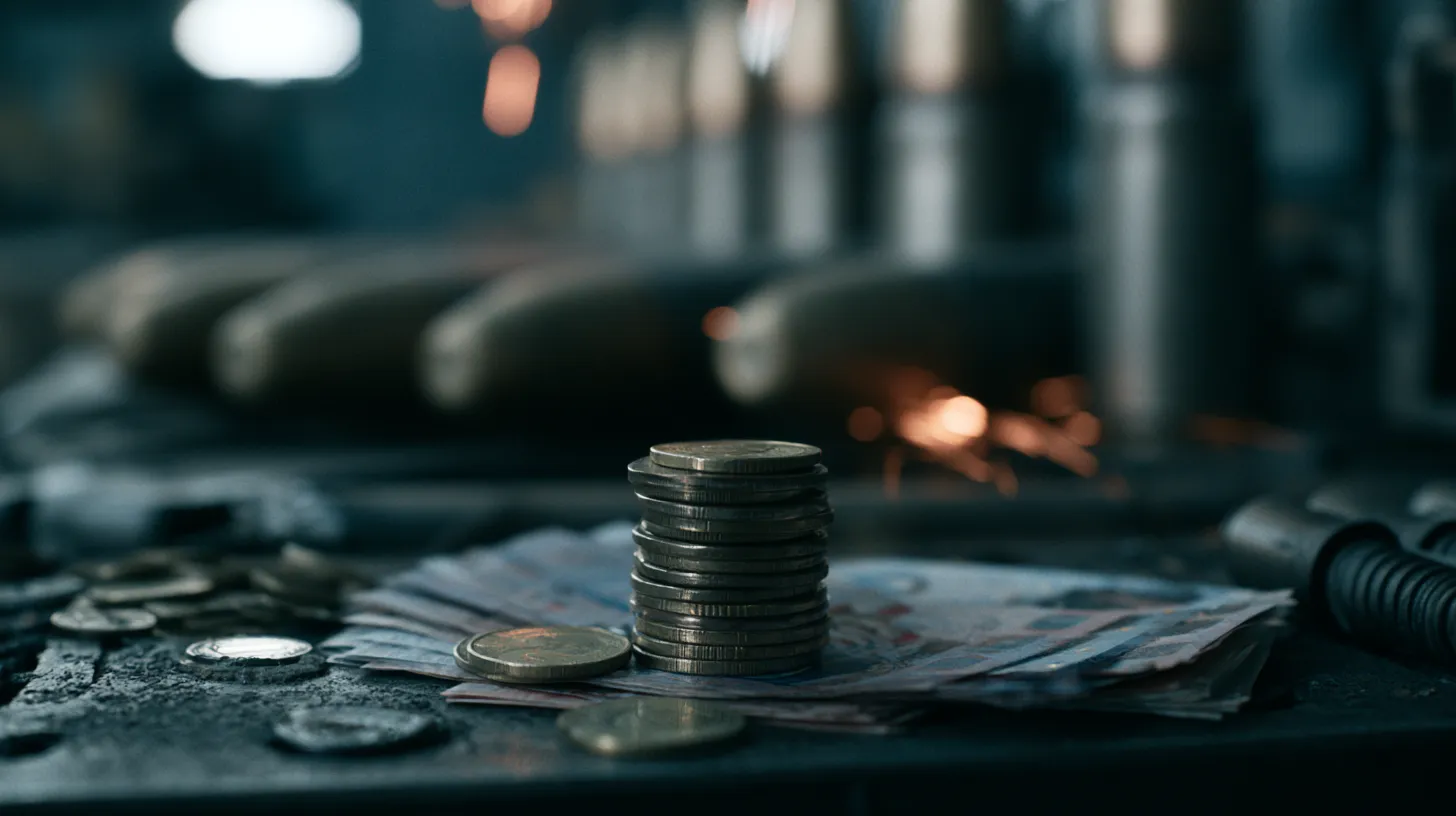 Économie de guerre : pièces de monnaie et billets au premier plan, usine d'armement floue en arrière-plan, l'impact de la remontée en puissance militaire sur ton épargne
