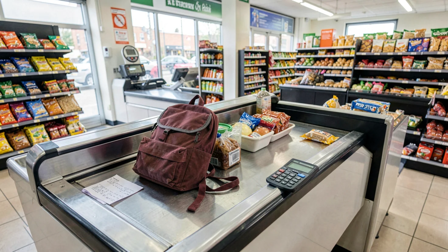 Économiser rentrée 2026 : un tapis de caisse de supermarché avec un cartable, des courses, un ticket et une calculatrice