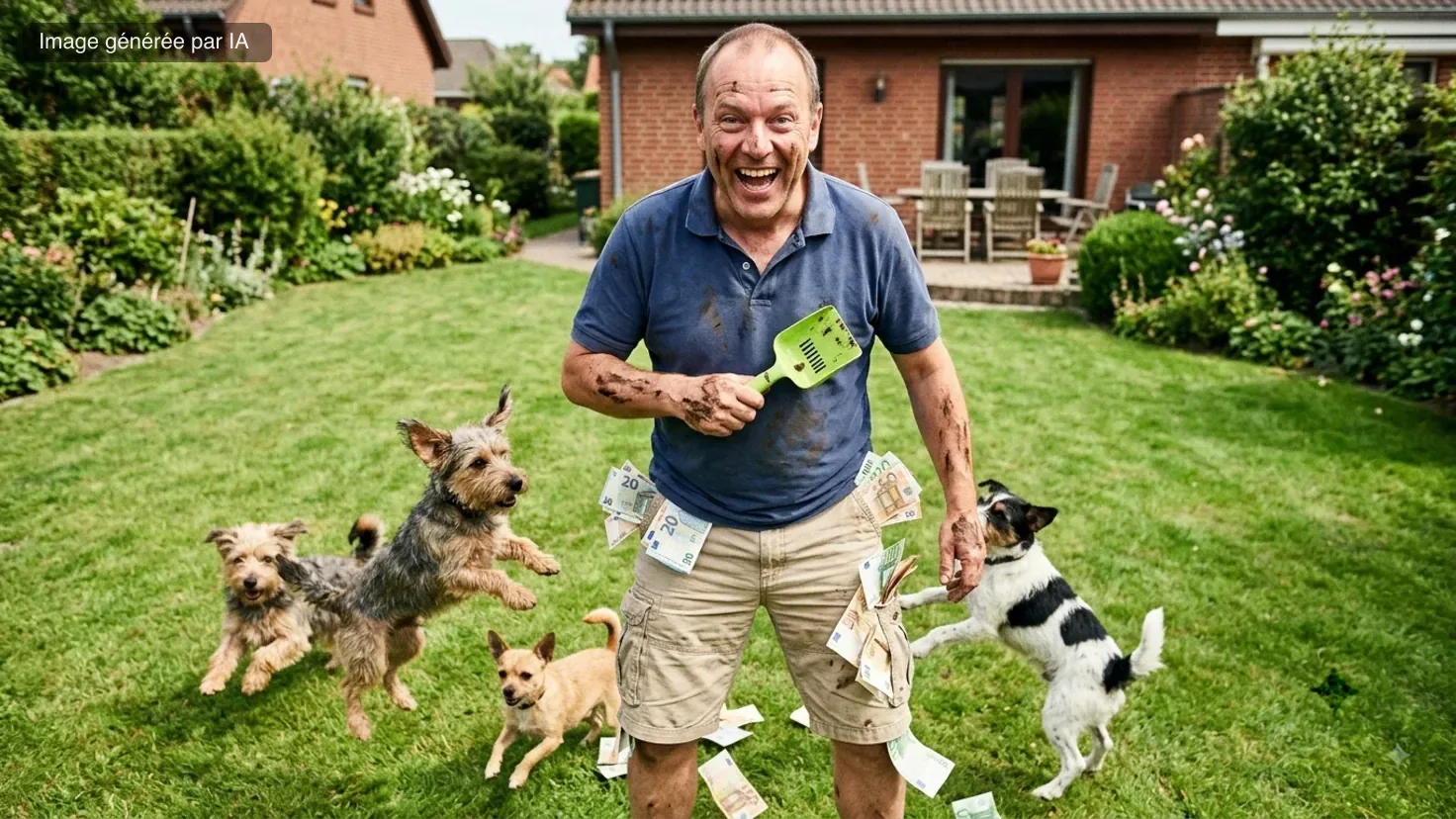 Le gérant hilare d'une entreprise de ramassage de crottes brandit sa pelle, les bras maculés et les poches débordant de billets, entouré de quatre chiens qui sautent