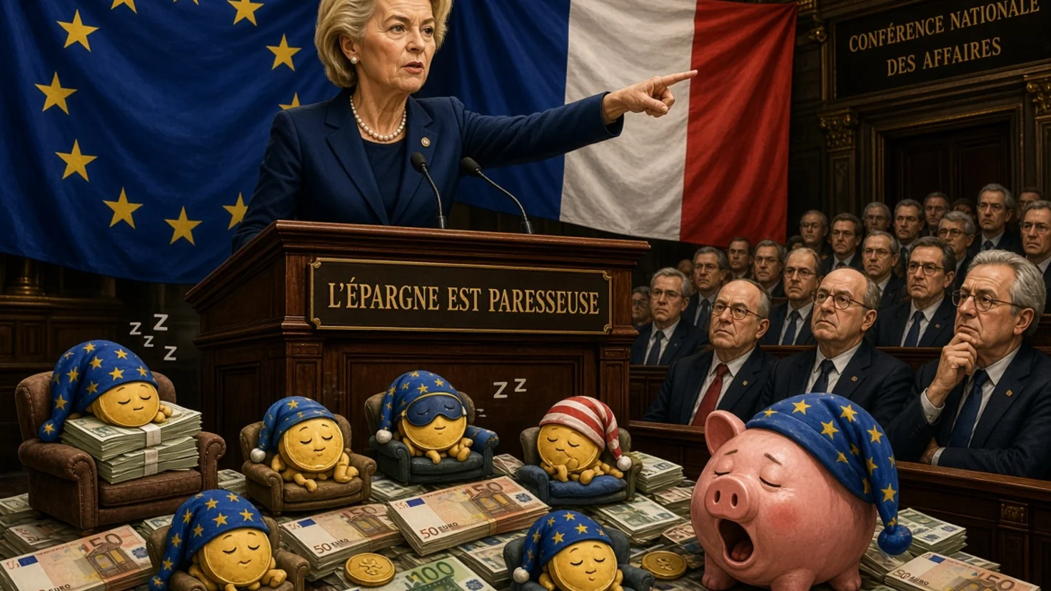Épargne paresseuse : Ursula von der Leyen à un pupitre, pièces d'euro endormies et tirelire, drapeaux européen et français