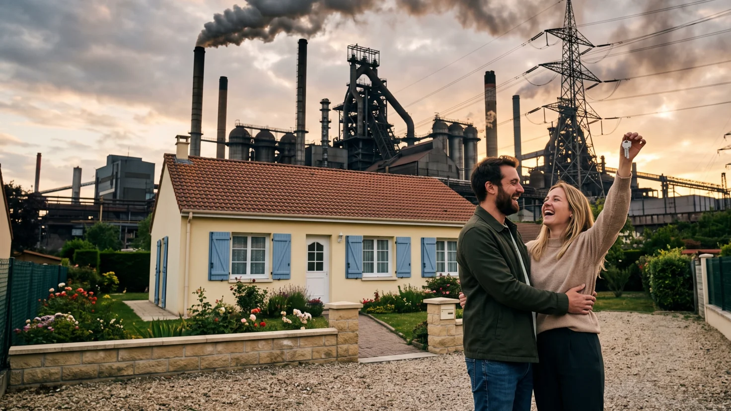 Couple brandissant les clés devant un pavillon avec une usine sidérurgique juste derrière, illustration des erreurs d'achat immobilier