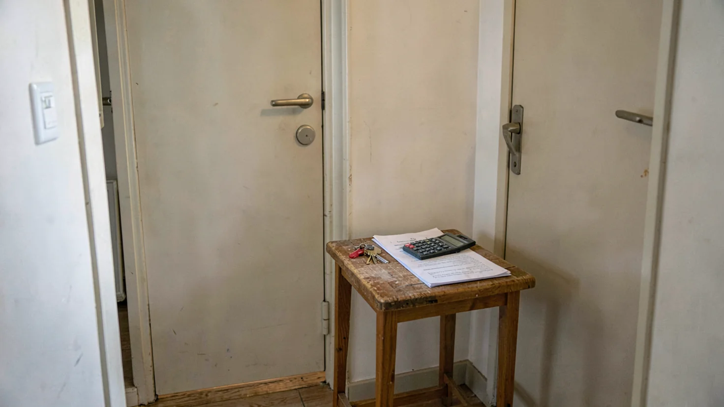 Erreurs immobilier locatif : un palier d'immeuble, clés, calculatrice et document sur une table
