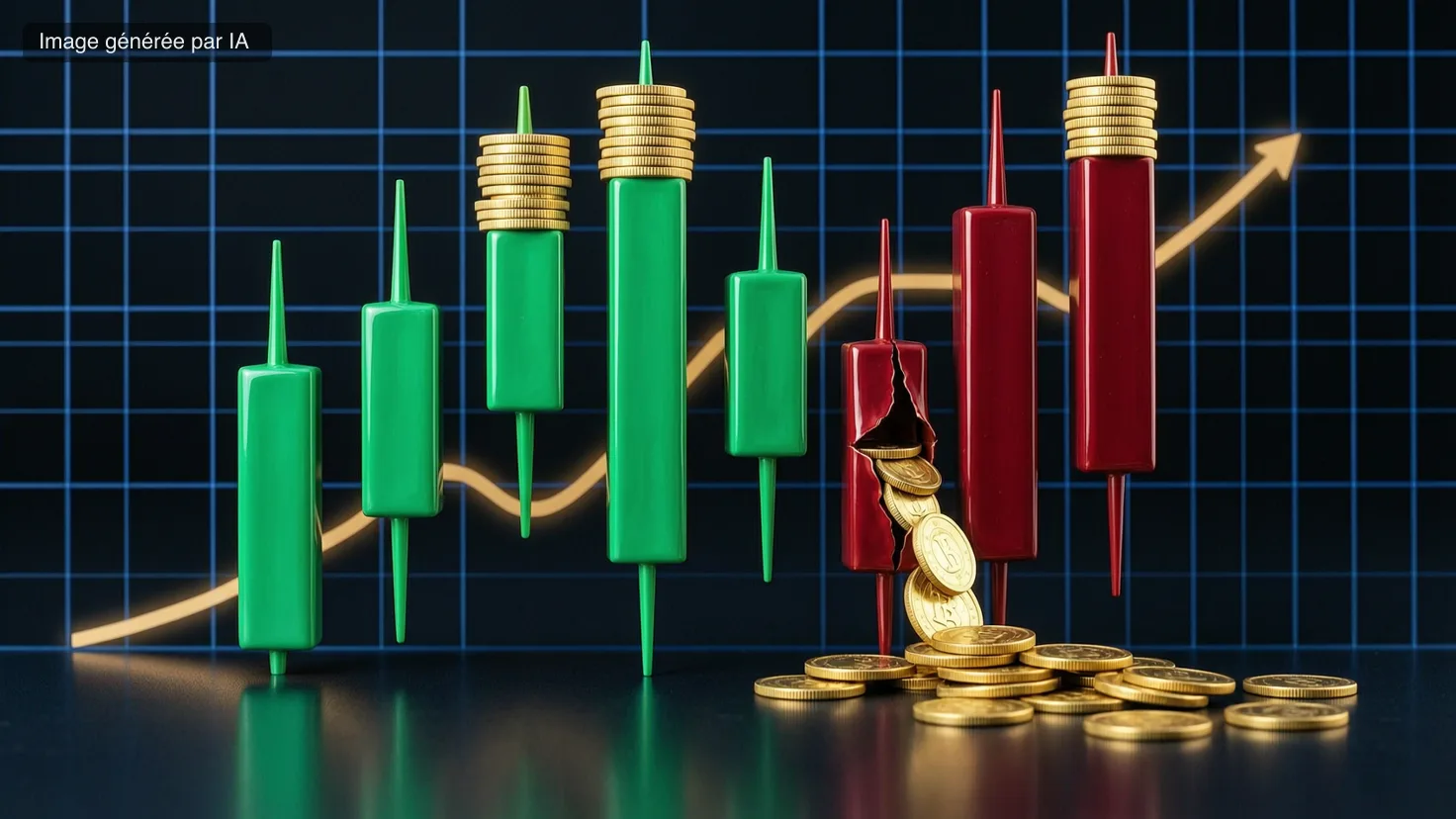 ETF capitalisant contre distribuant : graphique en chandeliers japonais, les bougies vertes coiffées de piles de pièces d'or qui s'accumulent, une bougie rouge fendue laissant filer ses pièces au sol