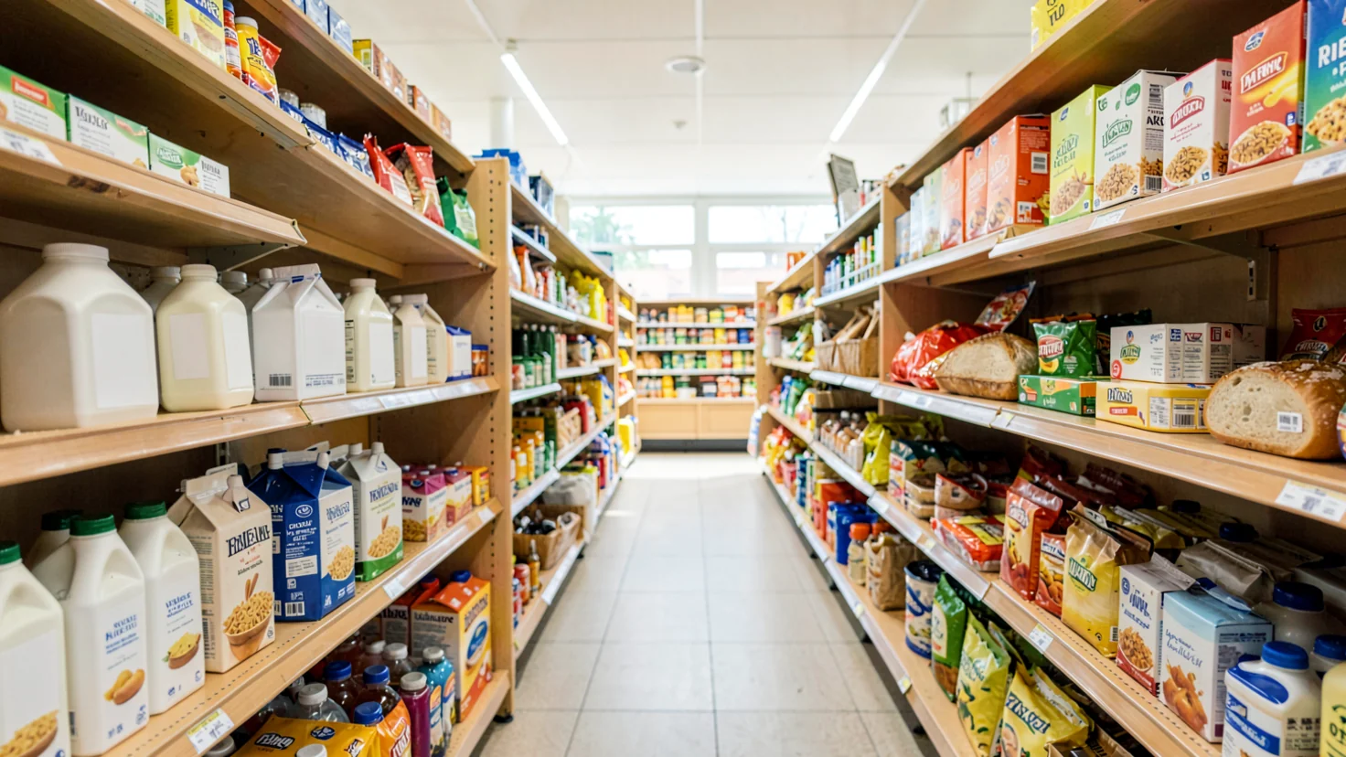 ETF consommation courante : un rayon de supermarché, lait, pâtes, pain