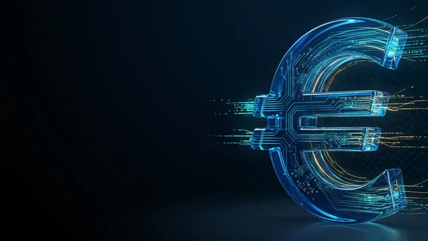 Le symbole de l'euro sculpté dans du verre bleu et parcouru de circuits électroniques, avec des flux de données lumineux qui s'en échappent, illustrant le projet d'euro numérique de la BCE
