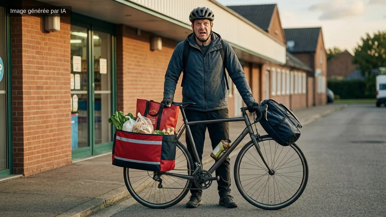 Un cycliste casqué devant l'entrée d'un supermarché, son vélo chargé d'une sacoche de courses pleine de légumes et de pain