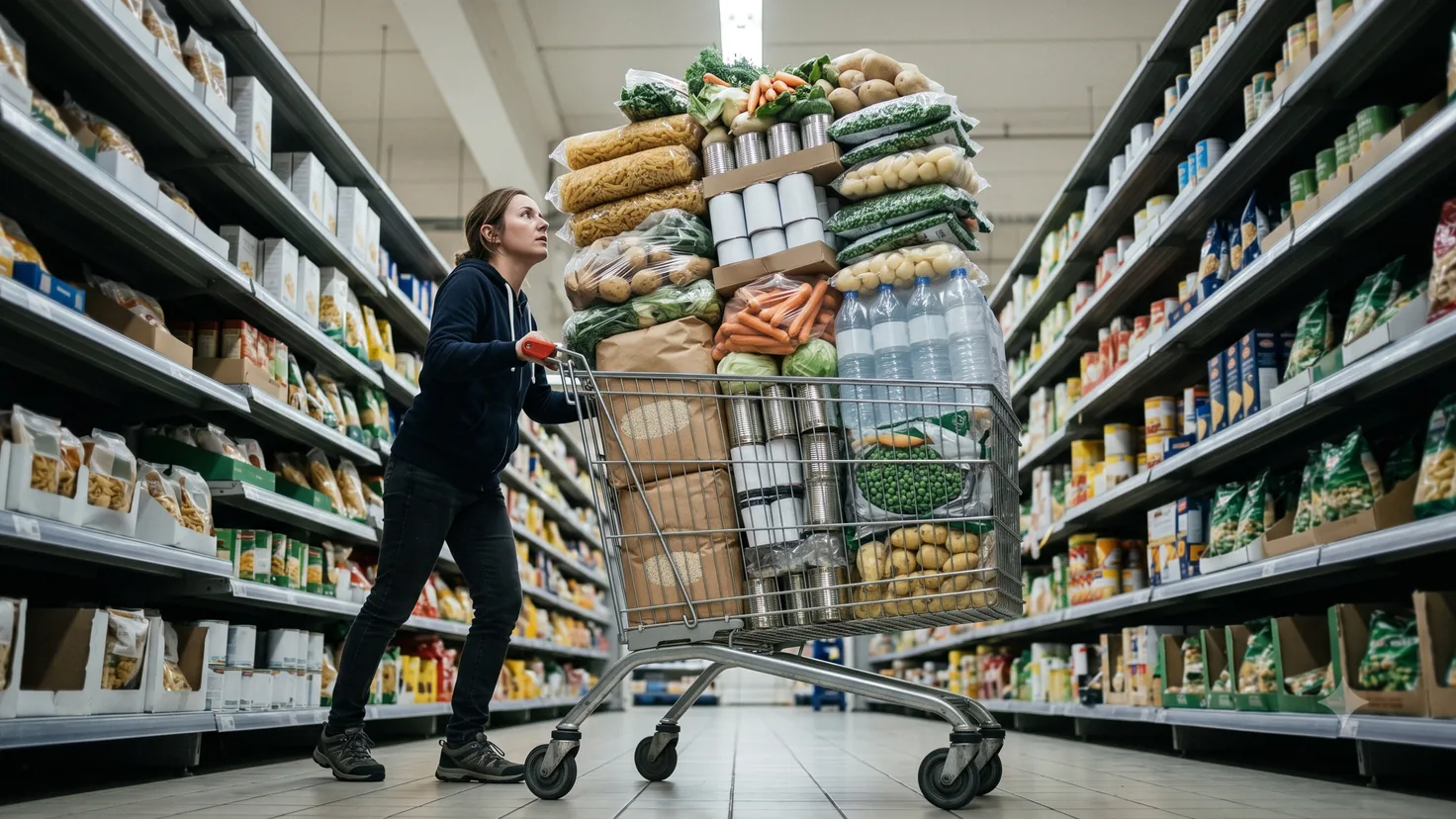 Une femme pousse un chariot de supermarché débordant de courses pour tout un mois dans une allée de grande surface