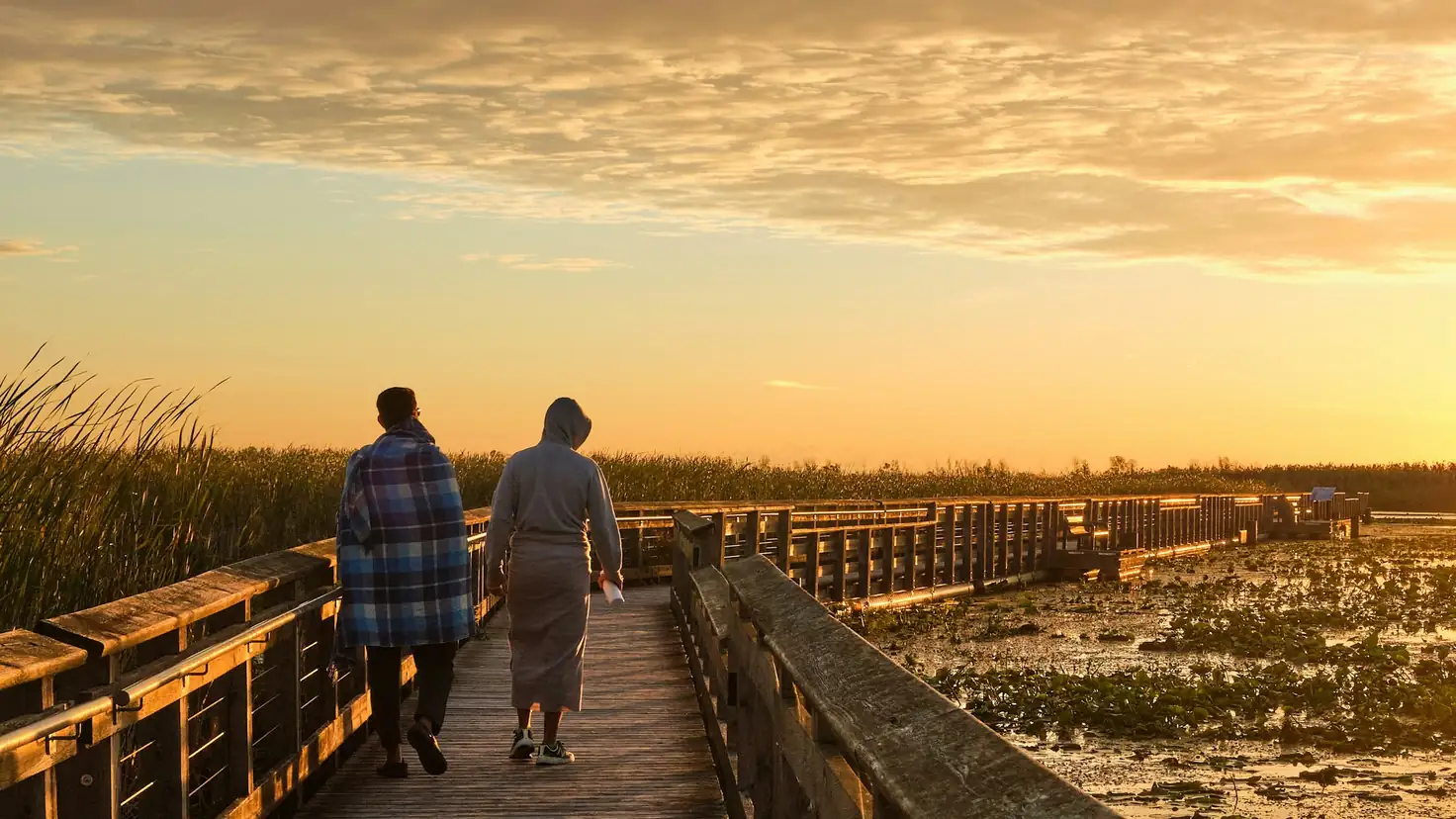 Deux personnes marchent côte à côte sur une passerelle en bois au-dessus d'un marais au coucher de soleil, image des années de pont à financer avant la retraite
