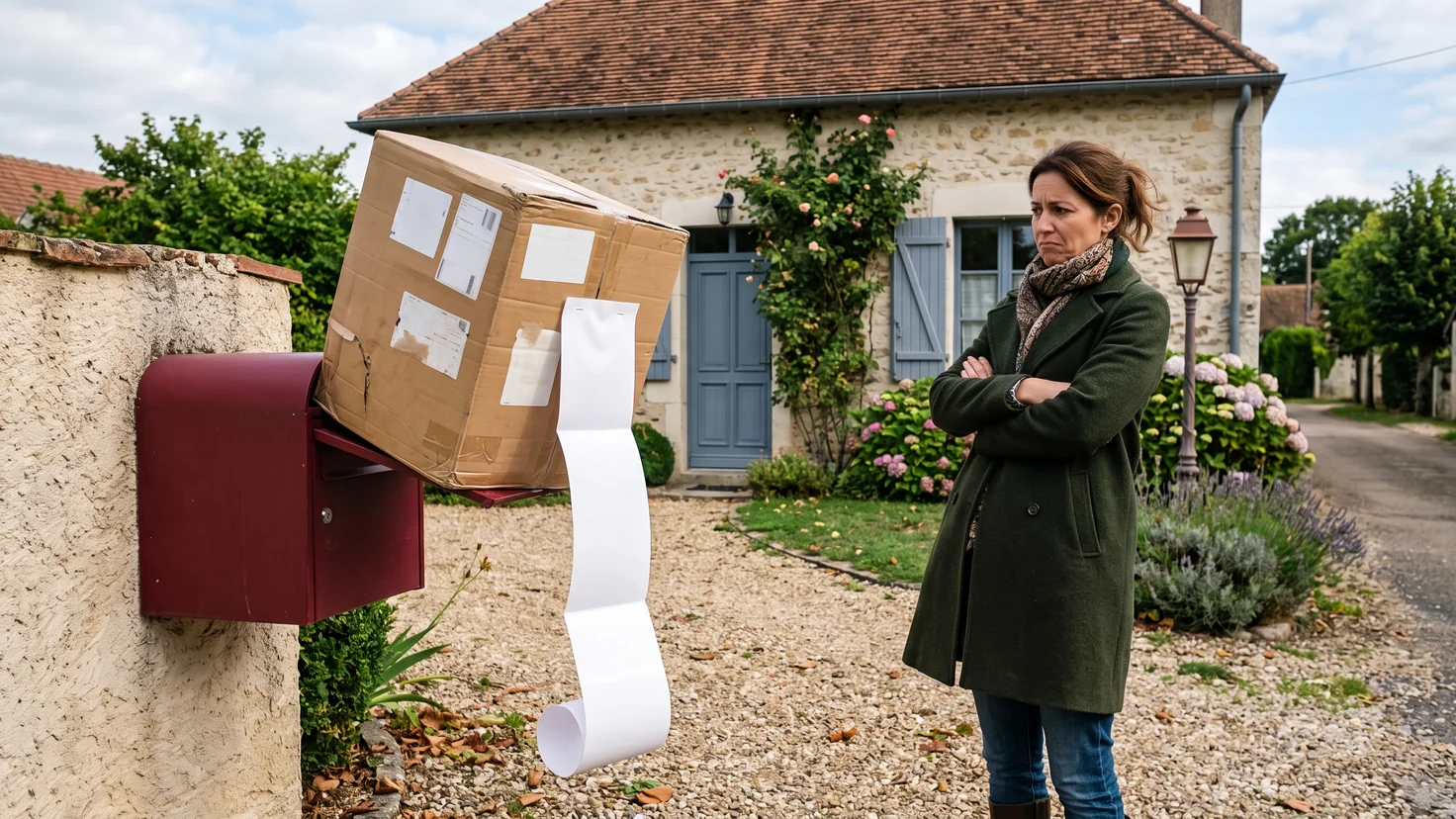 Un colis bien trop gros coincé dans une boîte aux lettres, un long reçu vierge qui pend jusqu'au sol, et une femme sceptique, bras croisés, devant sa maison