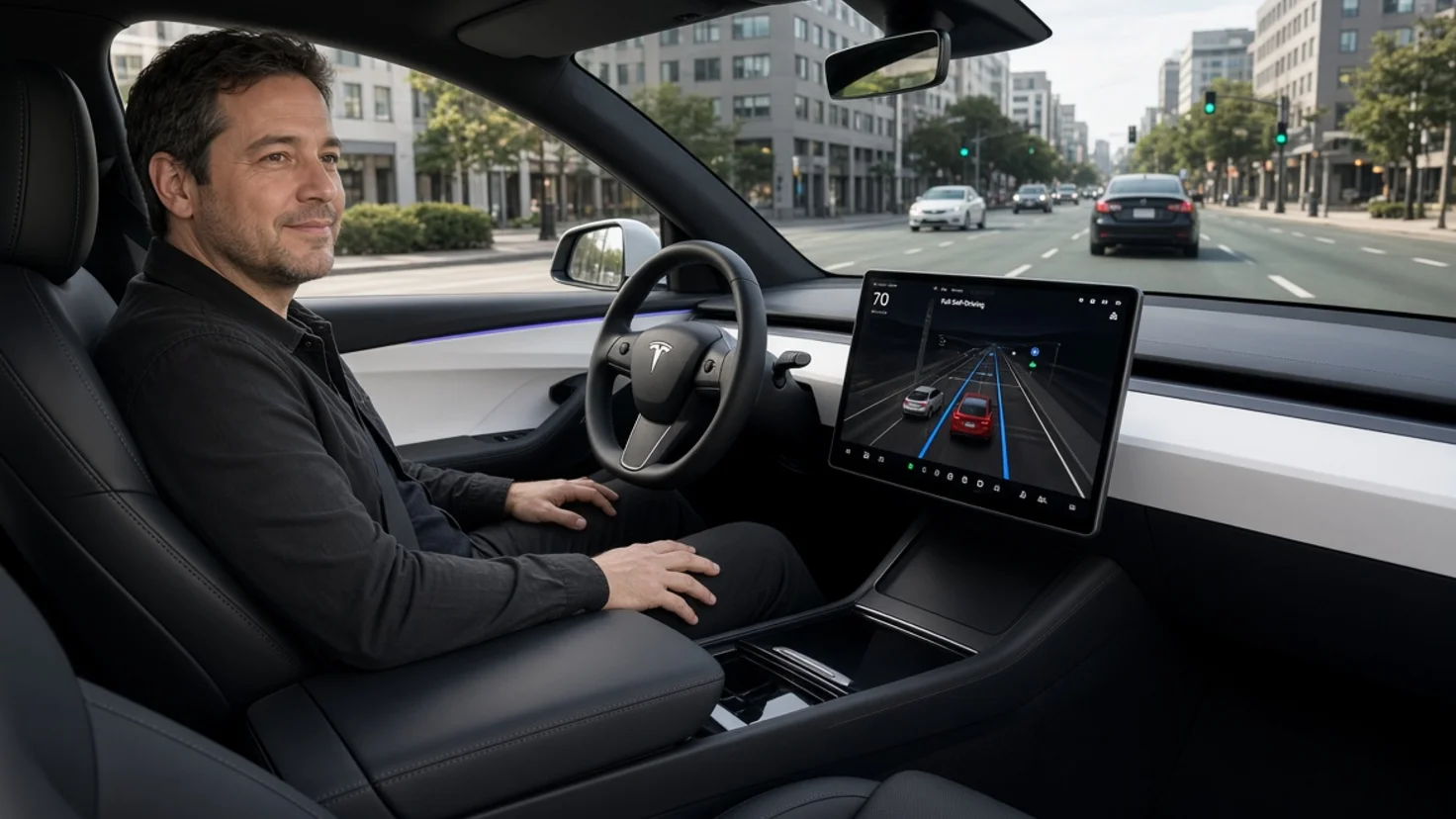 FSD Tesla France, habitacle vu du siège passager, conducteur mains posées hors du volant, écran central affichant la vue Full Self-Driving dans une avenue urbaine