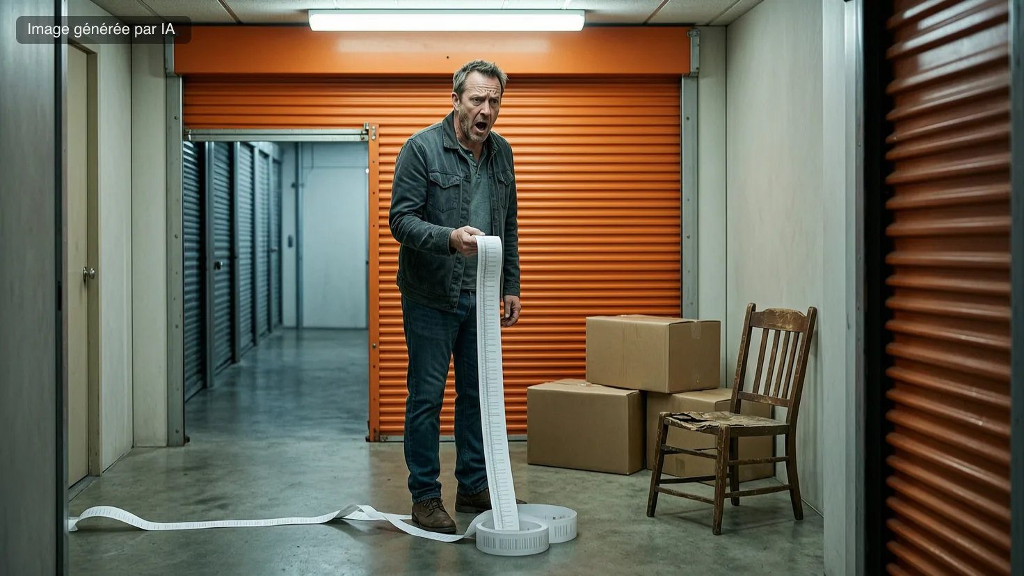 Un homme consterné dans un box de self-stockage à porte orange déroule jusqu'au sol une facture de garde-meuble interminable, devant trois cartons poussiéreux et une chaise cassée