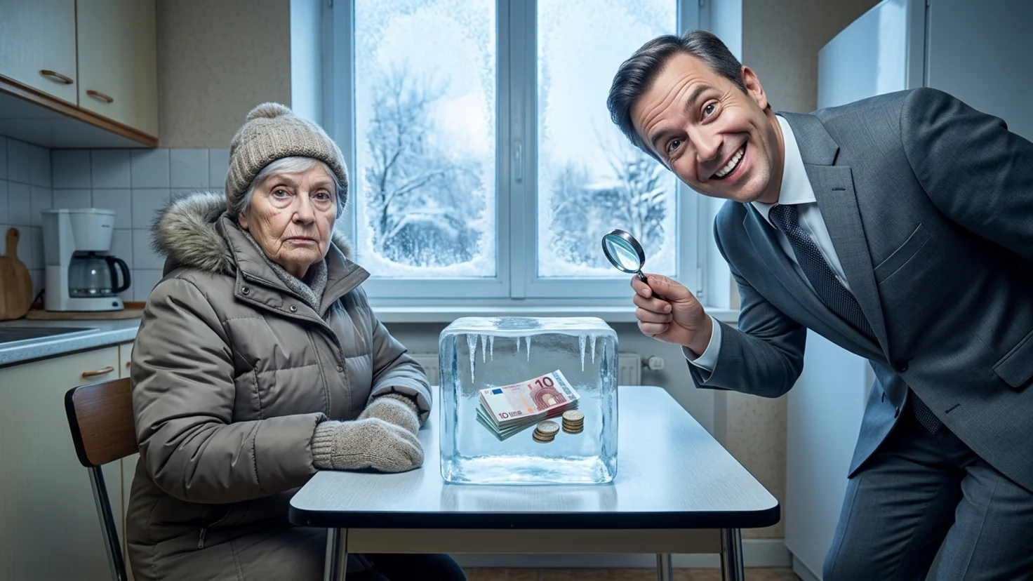 Gel des retraites 2027 : une retraitée en manteau d'hiver assise à sa table de cuisine, sa pension mensuelle prise dans un bloc de glace, un ministre en costume souriant qui tend une petite loupe pour montrer la revalorisation