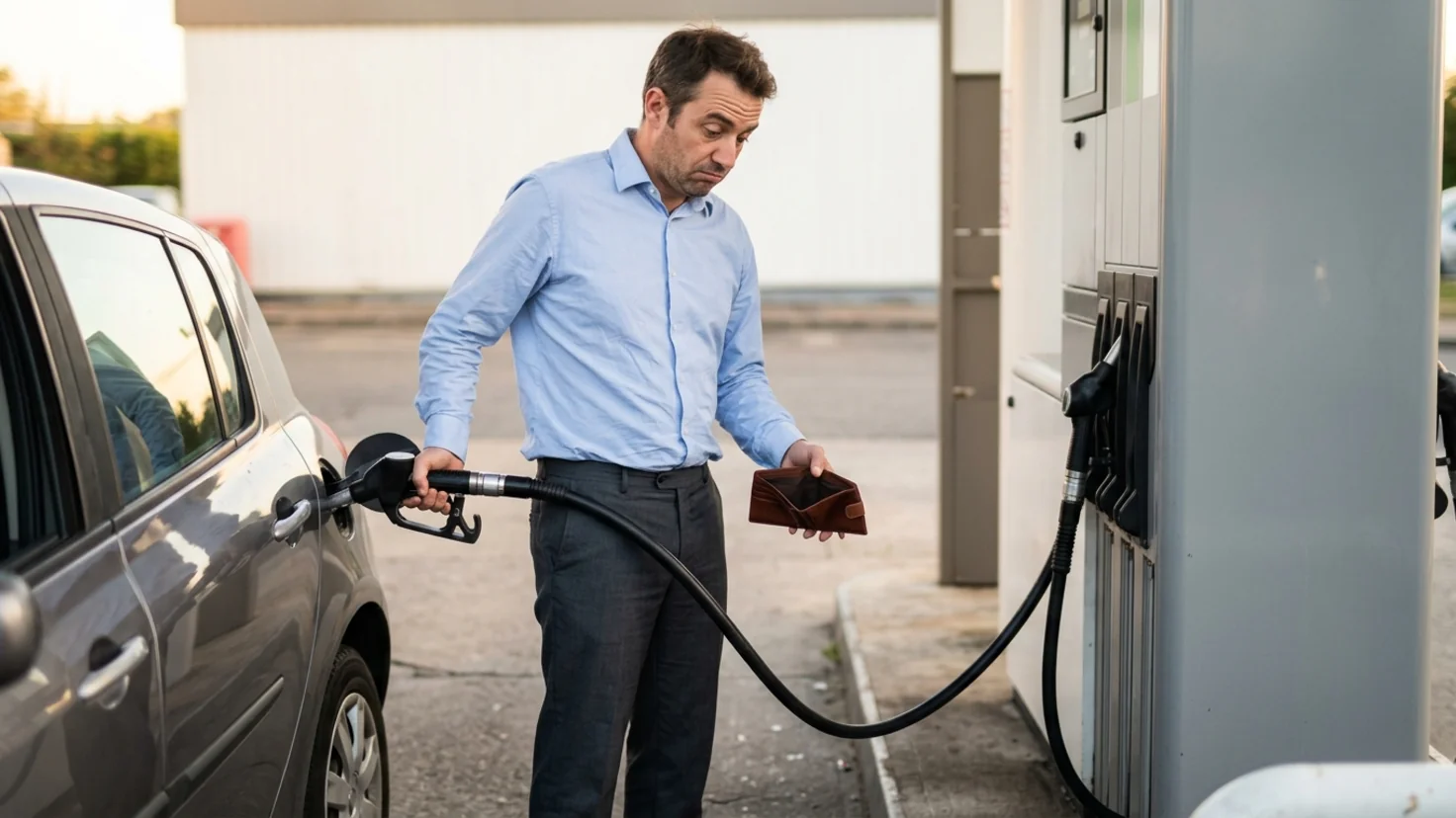 Hausse de l'essence : un automobiliste résigné regarde le compteur d'une pompe à essence dont le pistolet est branché directement dans la poche arrière de son pantalon